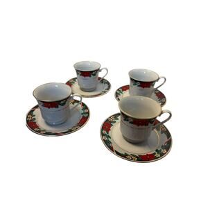 VTG Tienshan Deck the Halls China. set of 4 teacup & saucers, Christmas, holiday